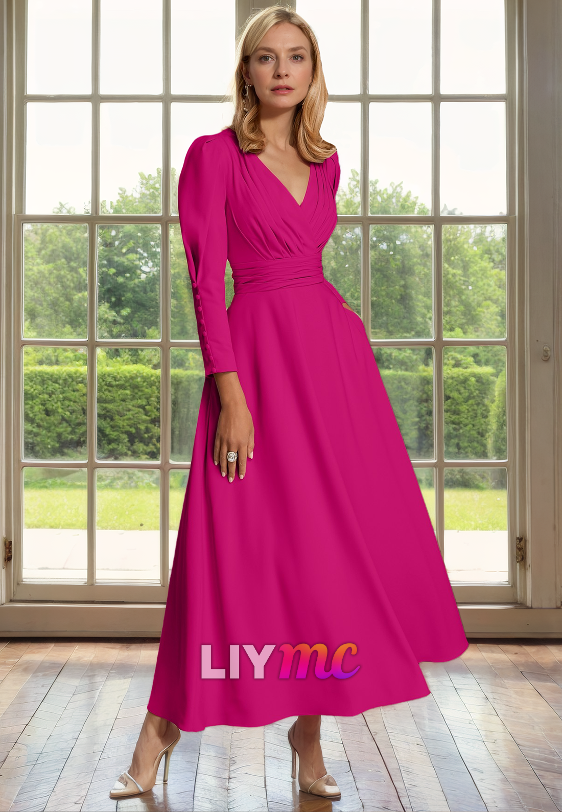 M1153 - V-Neck Long Sleeves Pleated A-Line Floor-Length Mother of Bride Wedding Guest Dress