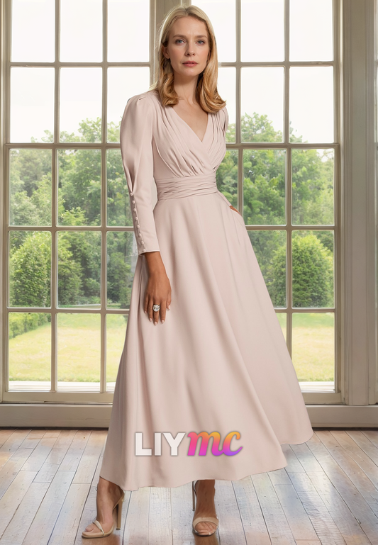 V-Neck Long Sleeves Pleated A-Line Chiffon Mother of Bride Dress Cocktail Dress