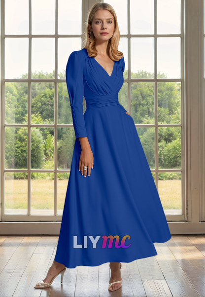 M1153 - V-Neck Long Sleeves Pleated A-Line Floor-Length Mother of Bride Wedding Guest Dress