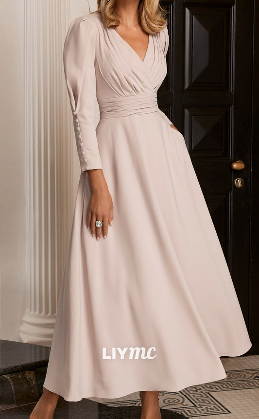 M1153 - V-Neck Long Sleeves Pleated A-Line Floor-Length Mother of Bride Wedding Guest Dress