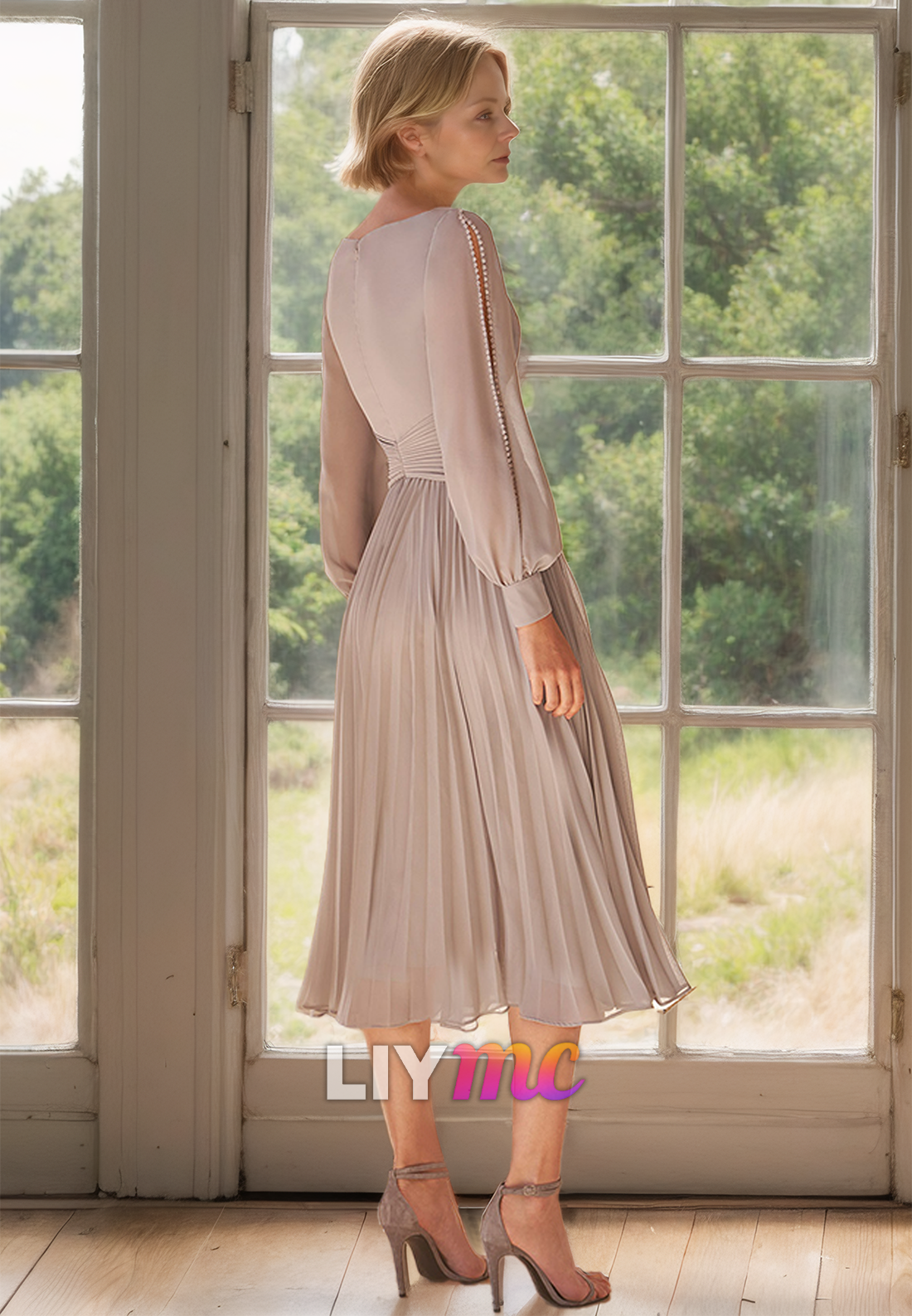 V-Neck Long Sleeves Pleated A-Line Knee Length Mother of Bride Dress