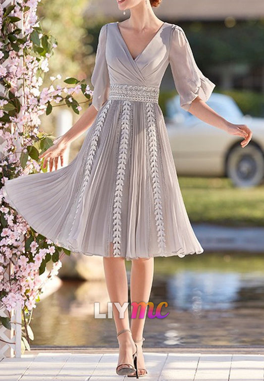 V-Neck Long Sleeves Pleated A-Line Midi Mother of Bride Dress
