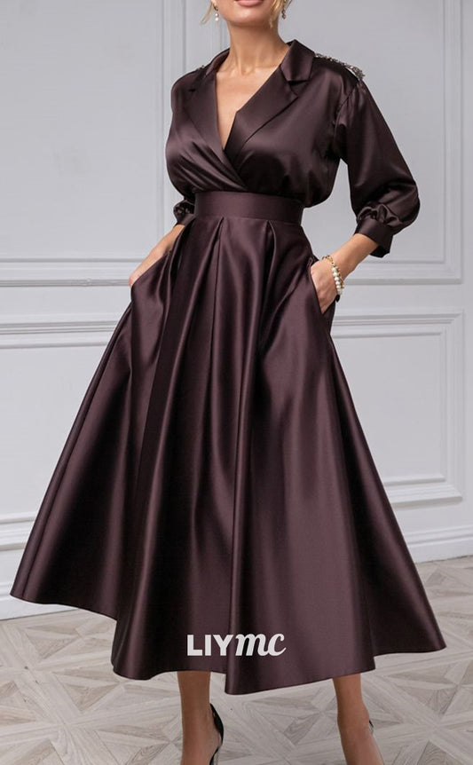 M1280 - V-Neck Long Sleeves Pleated A-Line Mother of Bride Dress Cocktail Dress