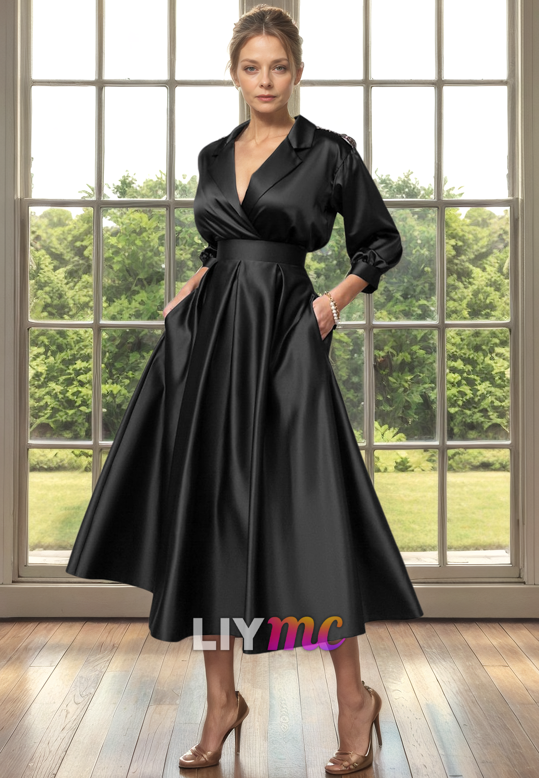 V-Neck Long Sleeves Pleated A-Line Mother of Bride Dress Cocktail Dress