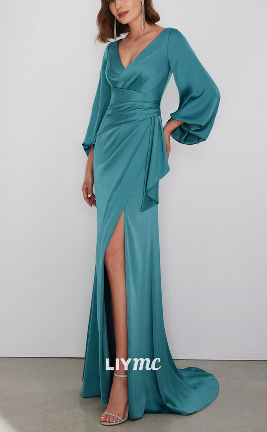 M1274 - V-Neck Long Sleeves Pleated A-Line Mother of Bride Dress Cocktail Dress