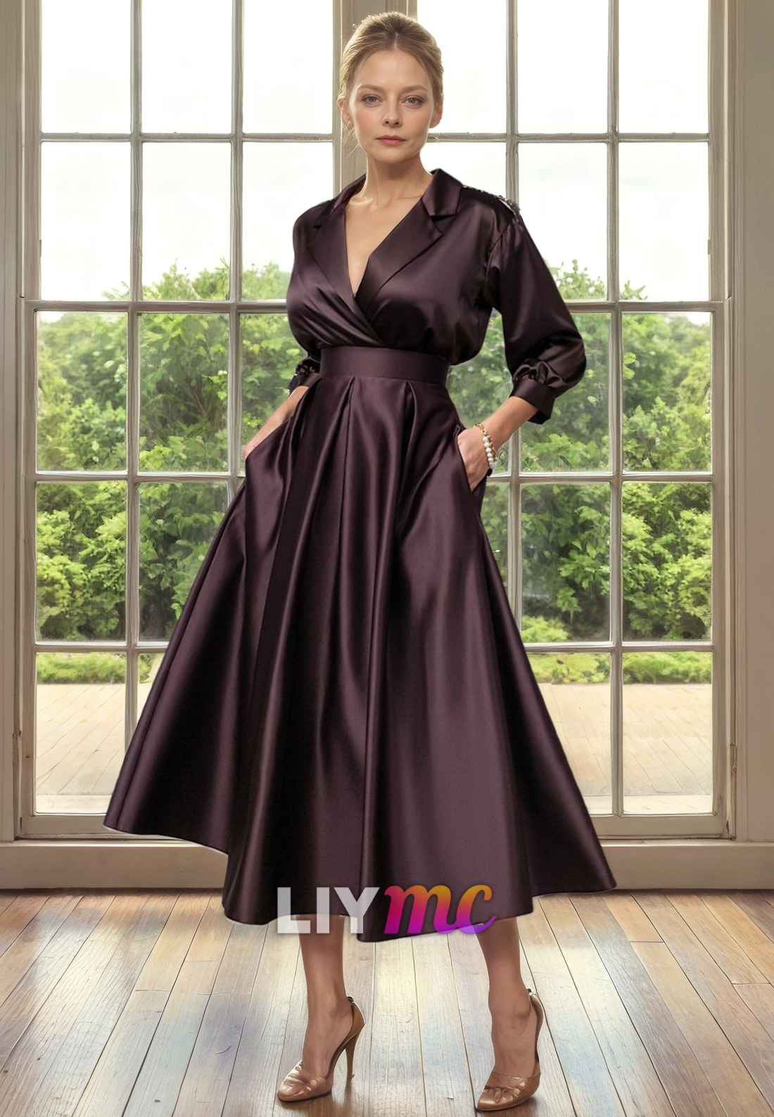 V-Neck Long Sleeves Pleated A-Line Mother of Bride Dress Cocktail Dress