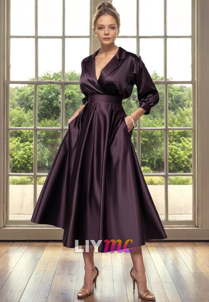 V-Neck Long Sleeves Pleated A-Line Mother of Bride Dress Cocktail Dress