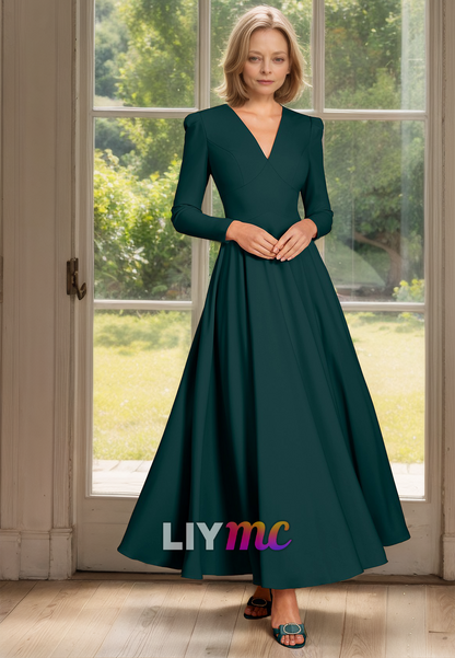 V-Neck Long Sleeves Pleated A-Line Mother of Bride Dress