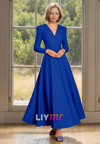 V-Neck Long Sleeves Pleated A-Line Mother of Bride Dress