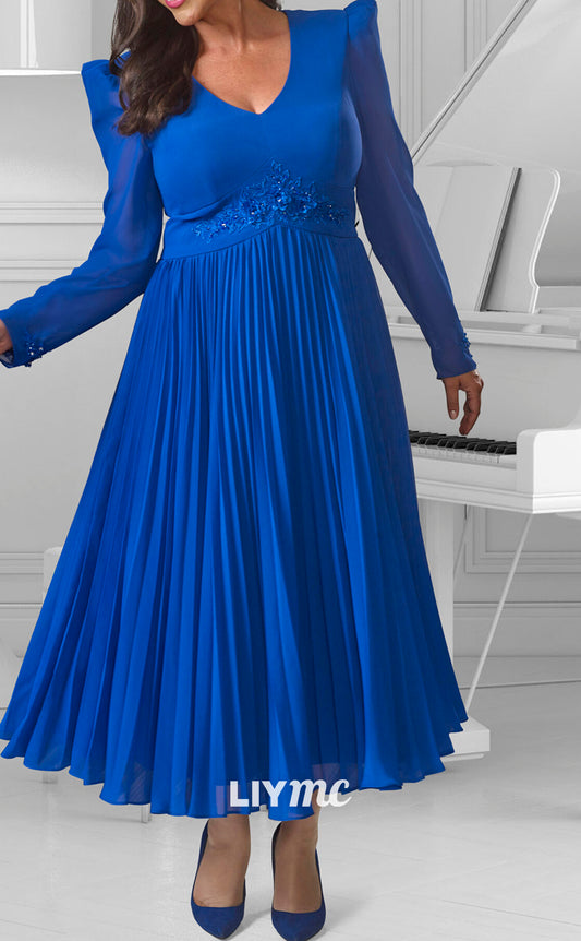 M1136 - V-Neck Long Sleeves Pleated A-Line Mother of Bride Wedding Guest Dress