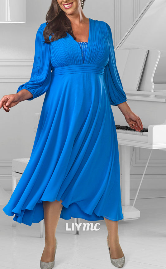 M1137 - V-Neck Long Sleeves Pleated A-Line Mother of Bride Wedding Guest Dress