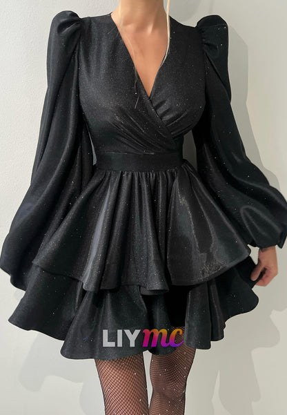 V-Neck Long Sleeves Pleated A-Line Short Party Homecoming Dress