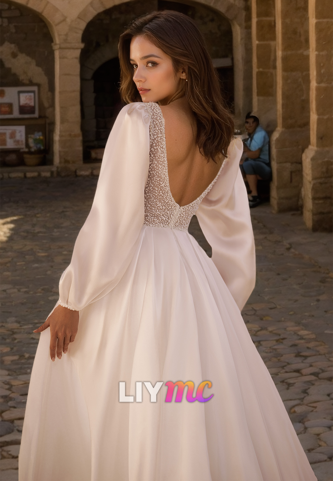 V-Neck Long Sleeves Pleated A-Line Simple Wedding Dress