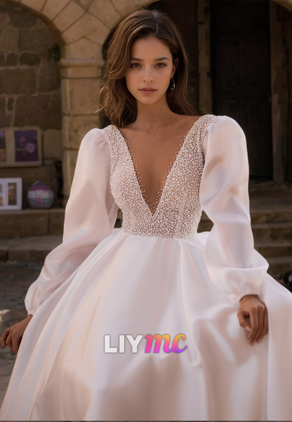 V-Neck Long Sleeves Pleated A-Line Simple Wedding Dress