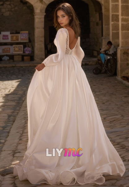 V-Neck Long Sleeves Pleated A-Line Simple Wedding Dress