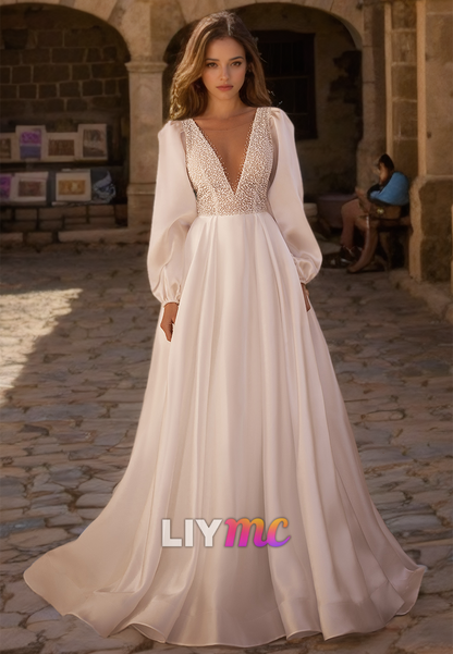 V-Neck Long Sleeves Pleated A-Line Simple Wedding Dress