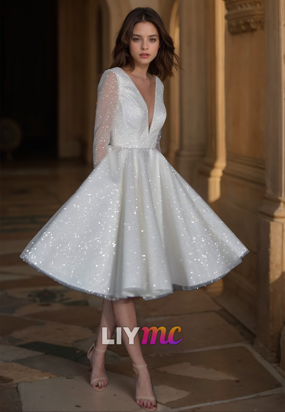 V-Neck Long Sleeves Pleated A-Line Sparkly Wedding Dress