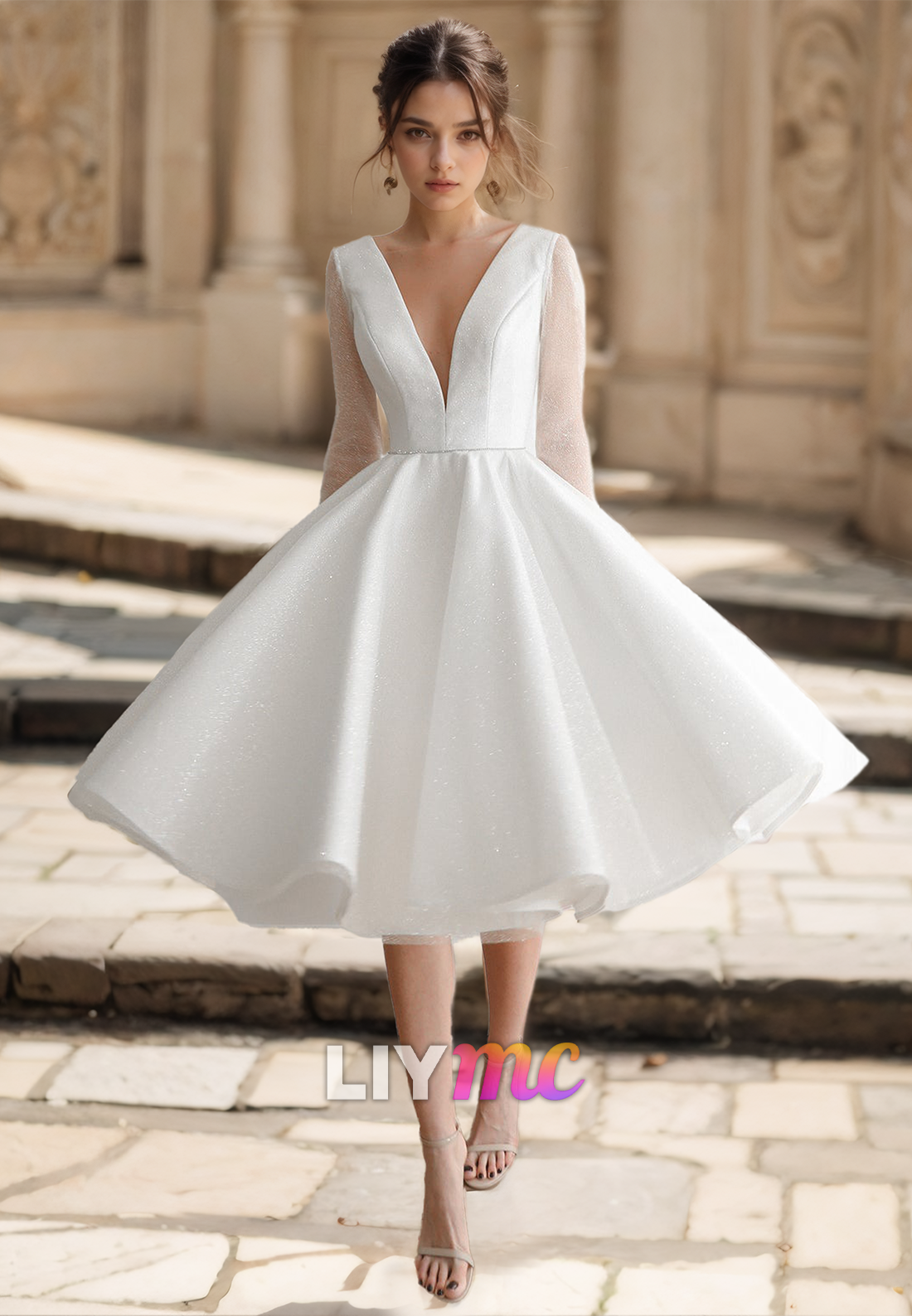 V-Neck Long Sleeves Pleated A-Line Sparkly Wedding Dress