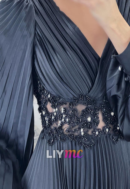 V-Neck Long Sleeves Pleated Appliques A-Line Evening Dress