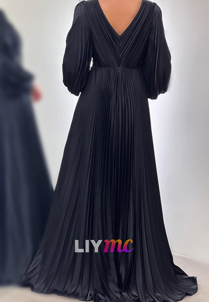 V-Neck Long Sleeves Pleated Appliques A-Line Evening Dress