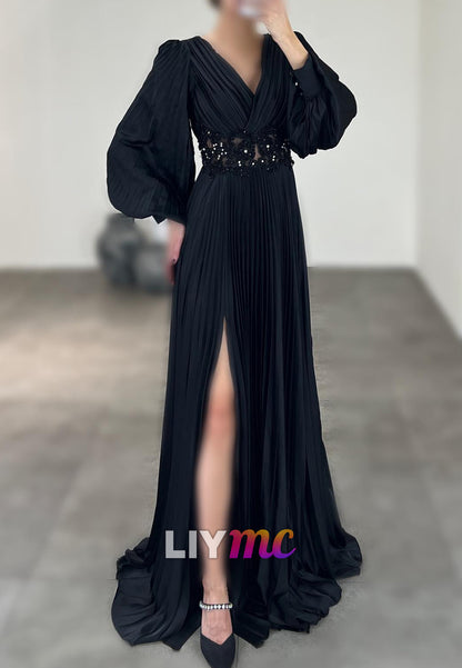 V-Neck Long Sleeves Pleated Appliques A-Line Evening Dress