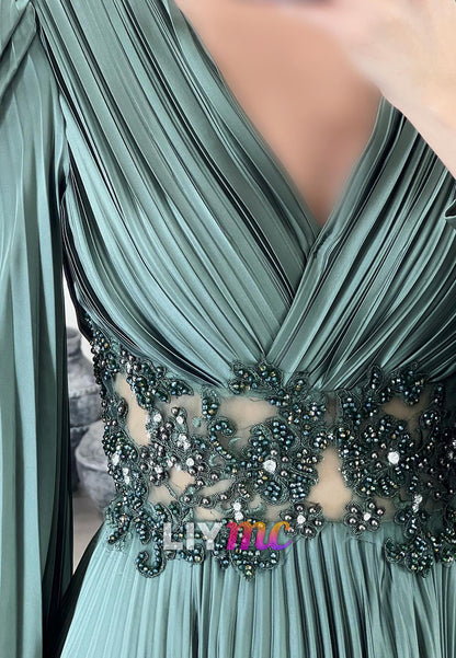 V-Neck Long Sleeves Pleated Appliques A-Line Evening Dress