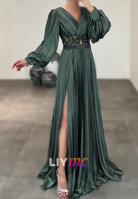 V-Neck Long Sleeves Pleated Appliques A-Line Evening Dress