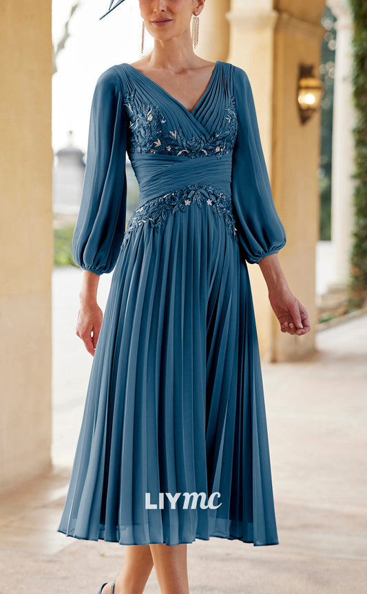 M1187 - V-Neck Long Sleeves Pleated Appliques A-Line Mother of Bride Cocktail Dress