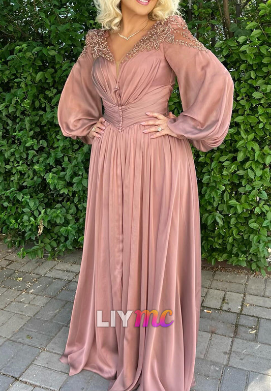 V-Neck Long Sleeves Pleated Appliques A-Line Mother of Bride Dress