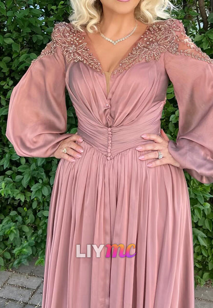 V-Neck Long Sleeves Pleated Appliques A-Line Mother of Bride Dress
