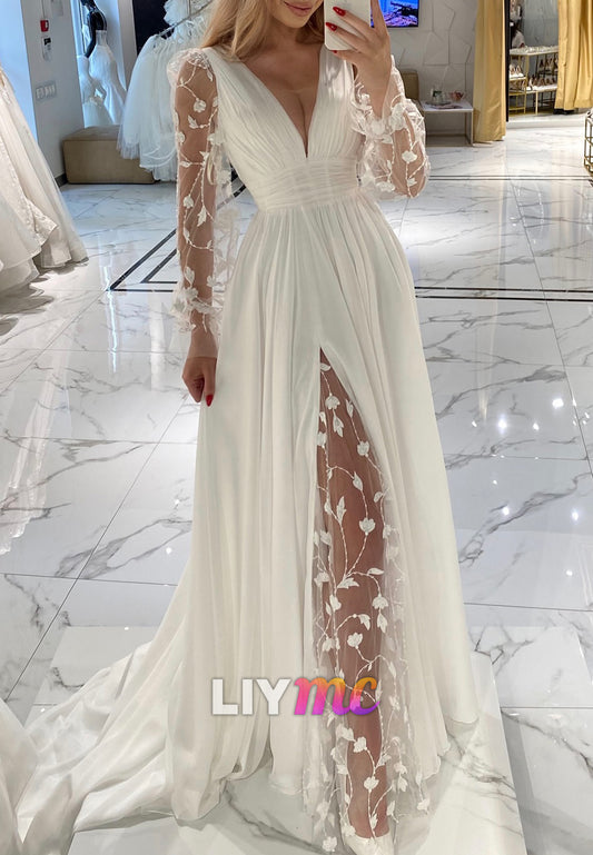V-Neck Long Sleeves Pleated Appliques A-Line Wedding Dress