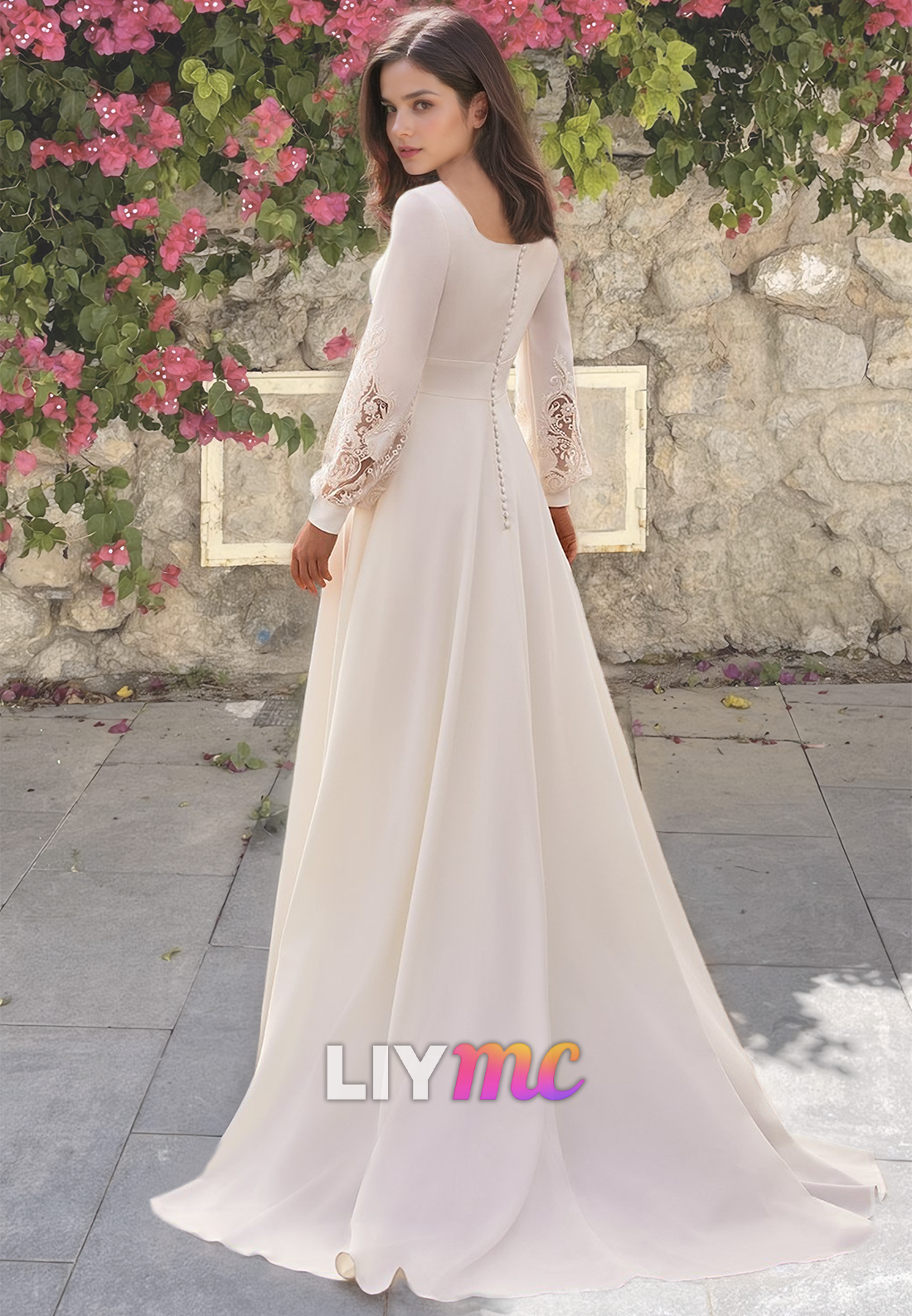 V-Neck Long Sleeves Pleated Appliques A-Line Wedding Dress