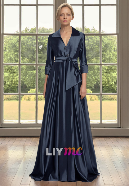 V-Neck Long Sleeves Pleated Blet Side Slit A-Line Mother of Bride Dress