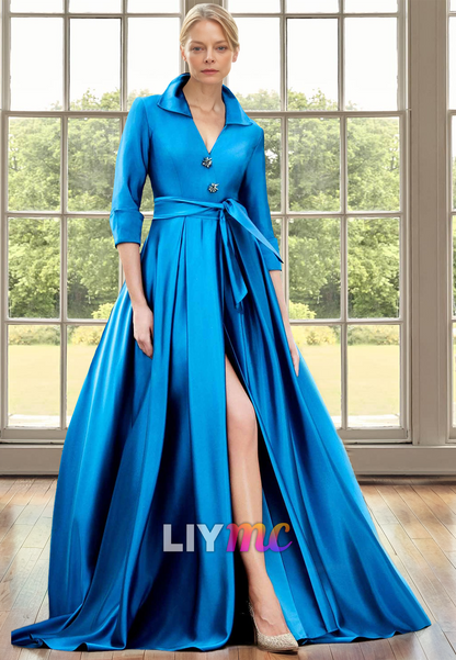 V-Neck Long Sleeves Pleated Blet Side Slit A-Line Mother of Bride Dress