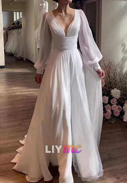 V-Neck Long Sleeves Pleated Chiffon A-Line Beach Wedding Dress