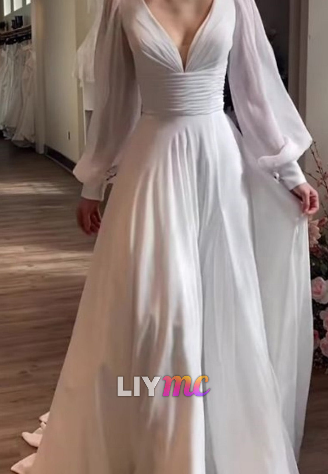 V-Neck Long Sleeves Pleated Chiffon A-Line Beach Wedding Dress