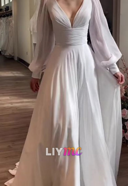 V-Neck Long Sleeves Pleated Chiffon A-Line Beach Wedding Dress