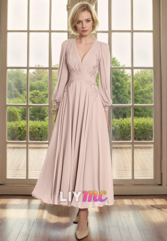 V-Neck Long Sleeves Pleated Chiffon A-Line Mother of Bride Dress Cocktail Dress