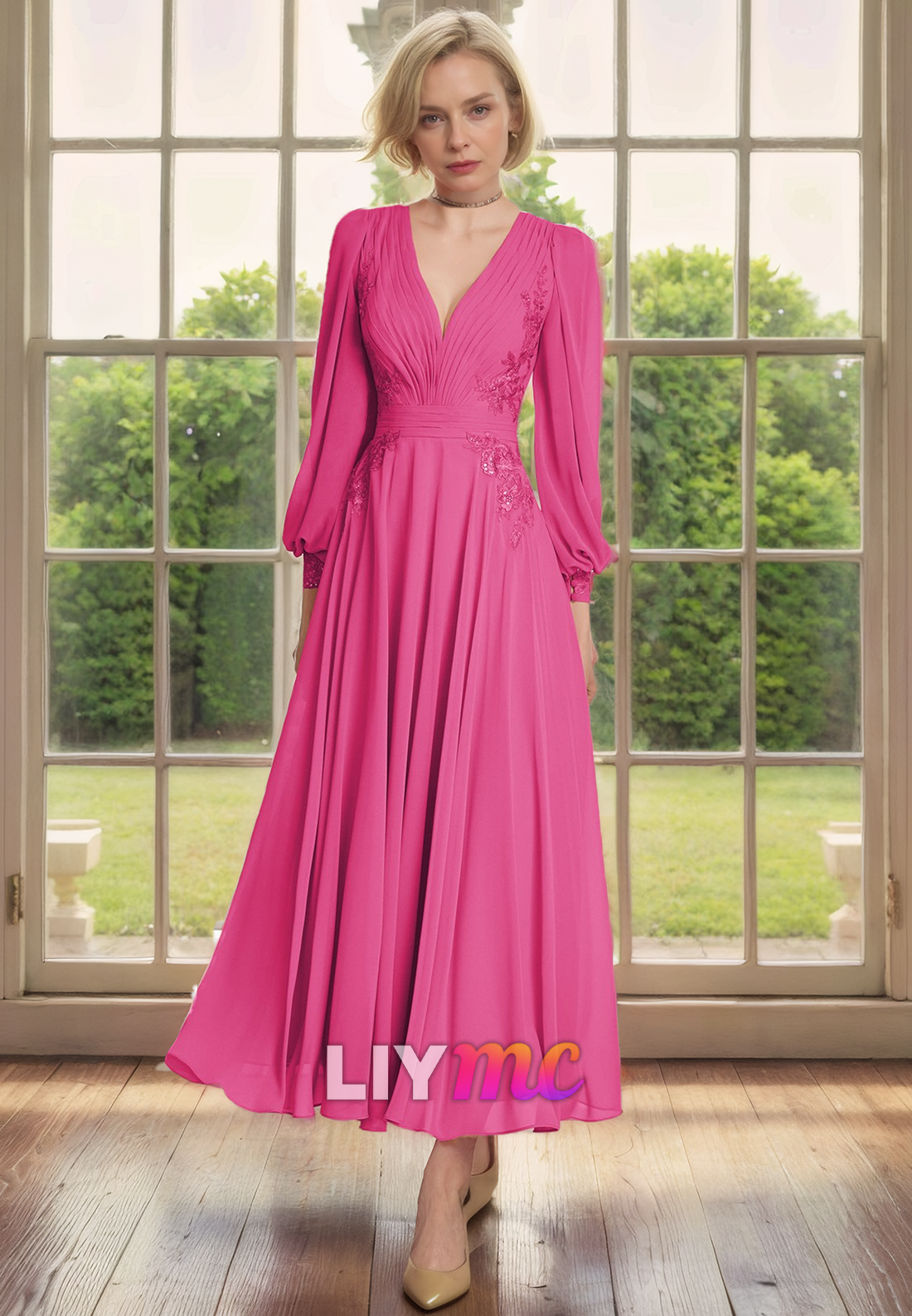 V-Neck Long Sleeves Pleated Chiffon A-Line Mother of Bride Dress Cocktail Dress