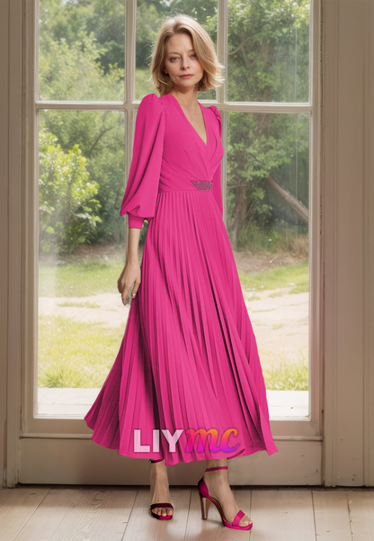 V-Neck Long Sleeves Pleated Chiffon A-Line Mother of Bride Dress