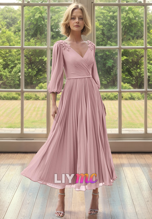 V-Neck Long Sleeves Pleated Chiffon Appliques A-Line Mother of Bride Dress