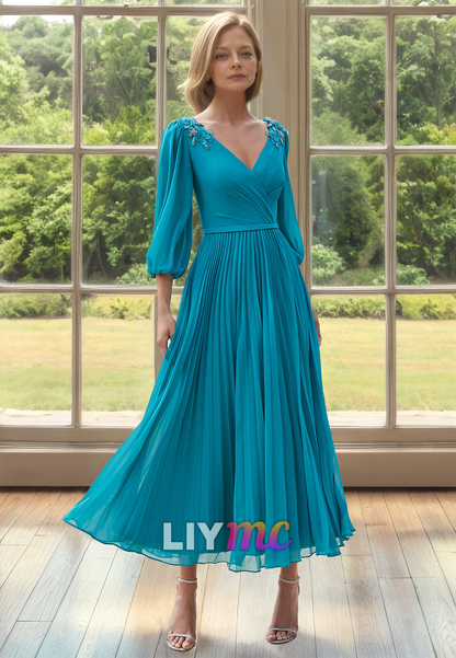 V-Neck Long Sleeves Pleated Chiffon Appliques A-Line Mother of Bride Dress