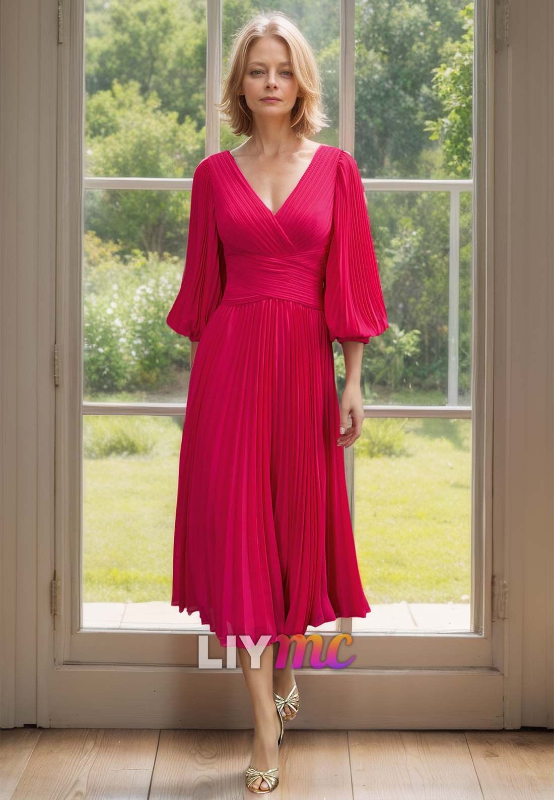 V-Neck Long Sleeves Pleated Chiffon Pleated A-Line Mother of Bride Dress