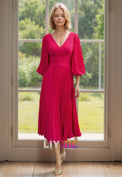 V-Neck Long Sleeves Pleated Chiffon Pleated A-Line Mother of Bride Dress