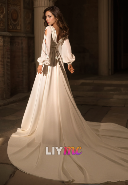 V-Neck Long Sleeves Pleated High Slit A-Line Beach Wedding Dress