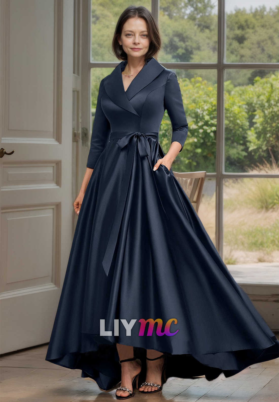 V-Neck Long Sleeves Pleated Satin A-Line Mother of Bride Dress