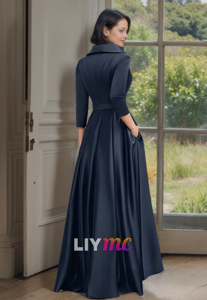 V-Neck Long Sleeves Pleated Satin A-Line Mother of Bride Dress