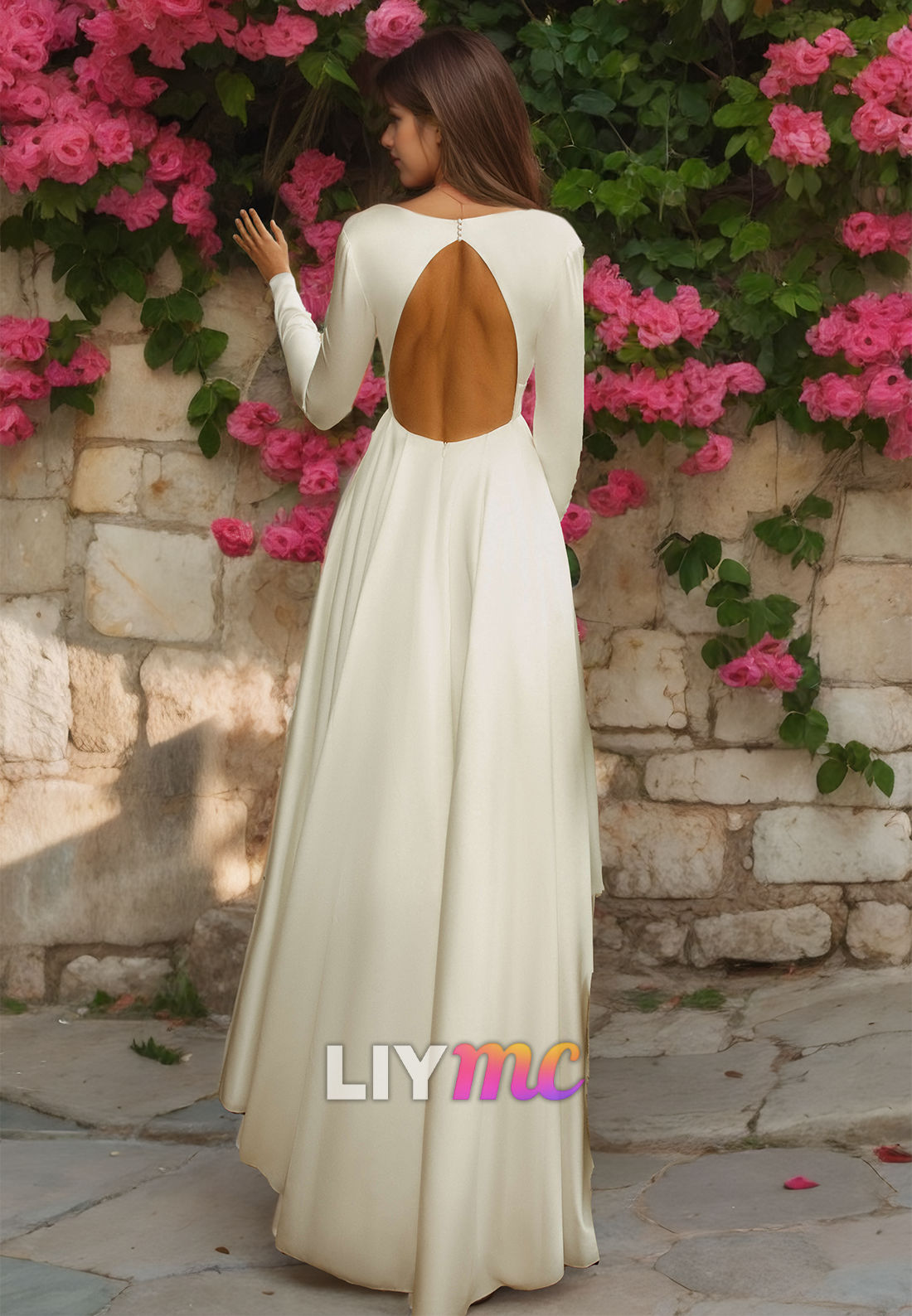 V-Neck Long Sleeves Pleated Satin A-Line Wedding Dress