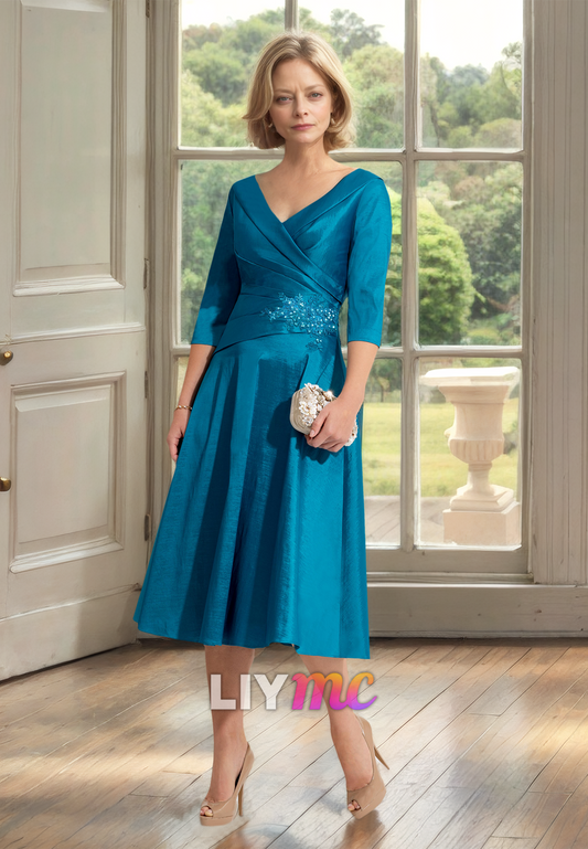 V-Neck Long Sleeves Pleated Satin Appliques A-Line Mother of Bride Dress