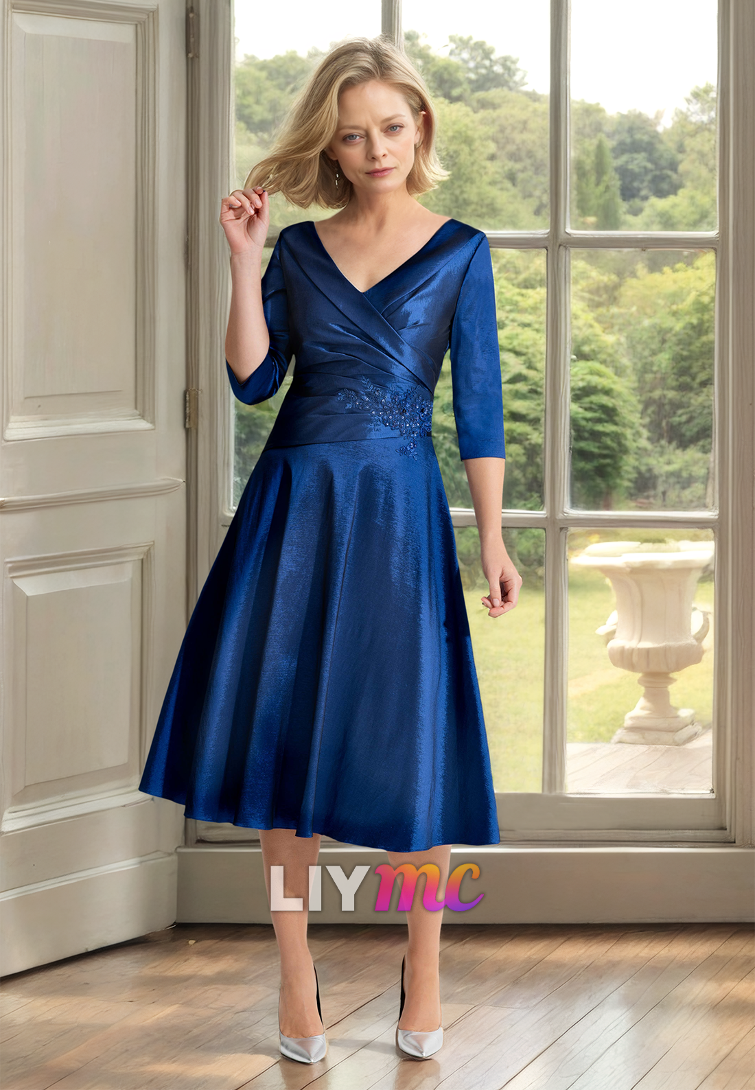 V-Neck Long Sleeves Pleated Satin Appliques A-Line Mother of Bride Dress